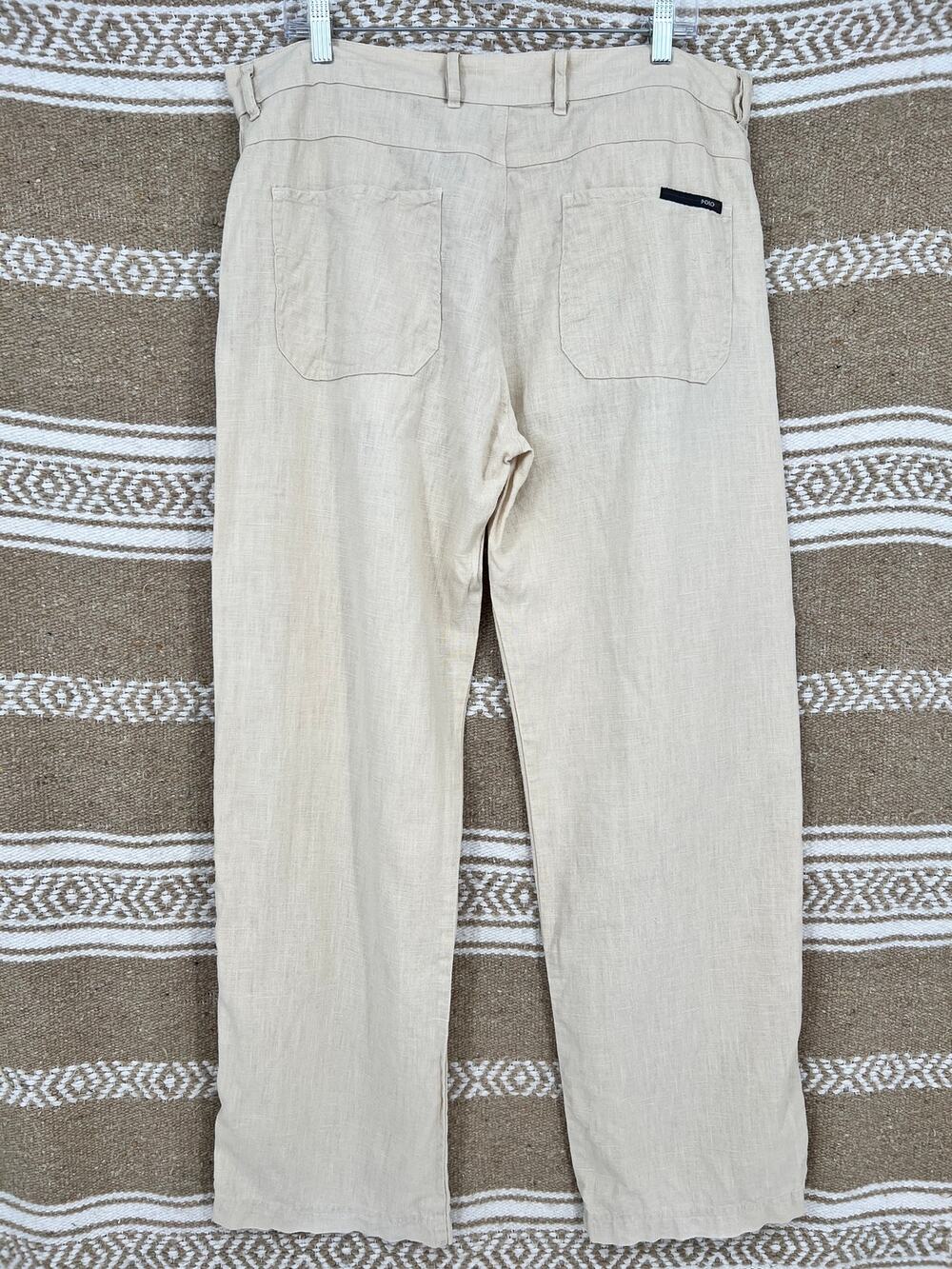 Polo Garage Brand 100% Linen Pants Womens 16 Beige Trouser High Rise Wide Leg